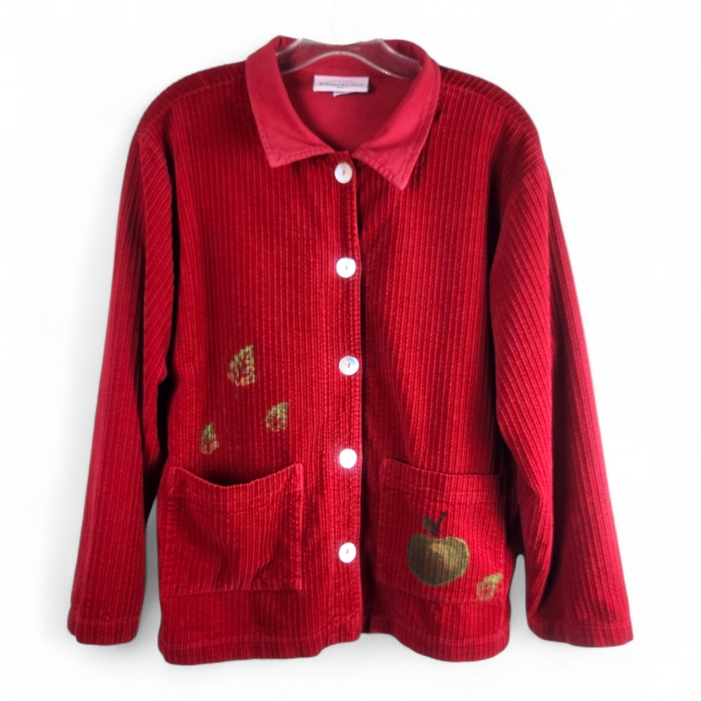 Vintage Red Corduroy Fall Shacket Large Apple Leaves Collared Made Chore Coat